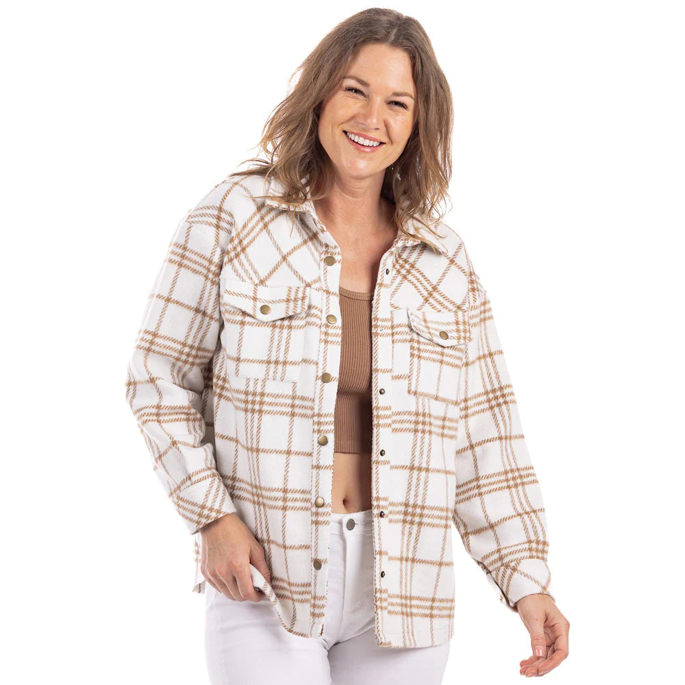 TAN/CREAM PLAID SHACKET FOR WOMEN – Simply Devine Gifts and Decor